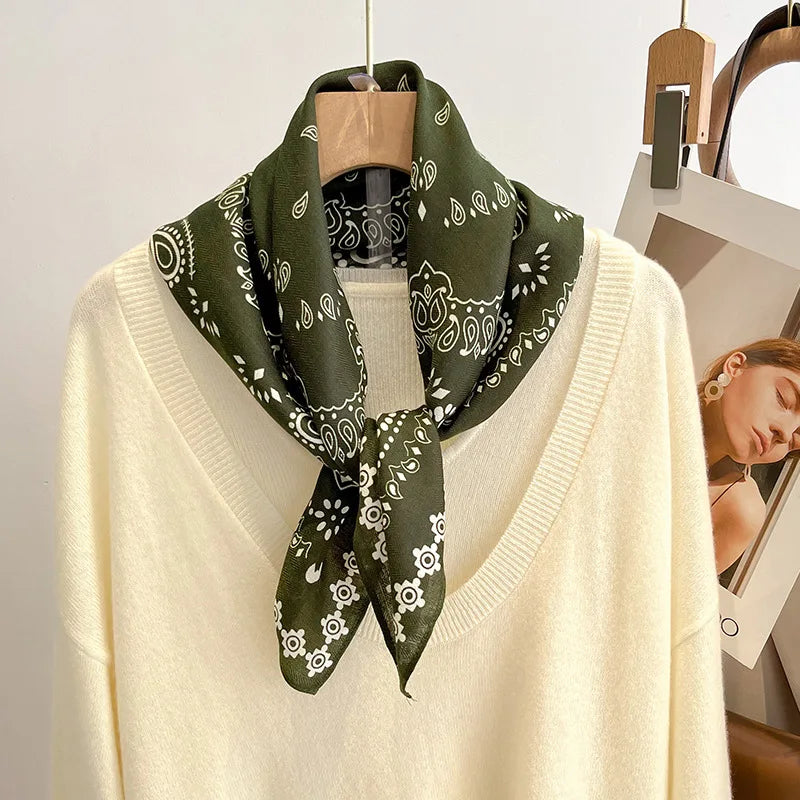 68cm Green Cashew Printed Scarf Women's Spring and Summer Thin Imitation Silk Scarf Fashion Versatile Shawl Headscarf Scarfs