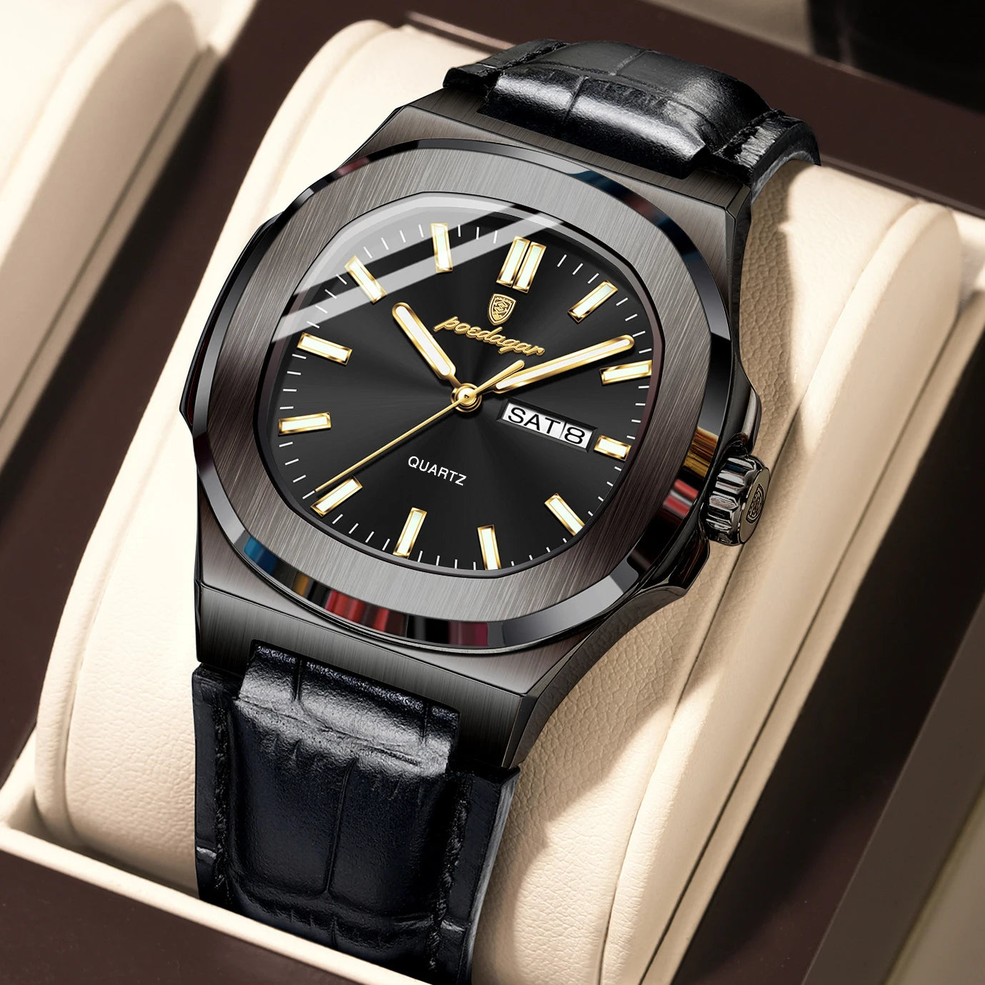 POEDAGAR Square Wristwatch For Men Luminous Waterproof Week Calendar Luxury Man Clock Leather Quartz Fashion Men's Watches Reloj