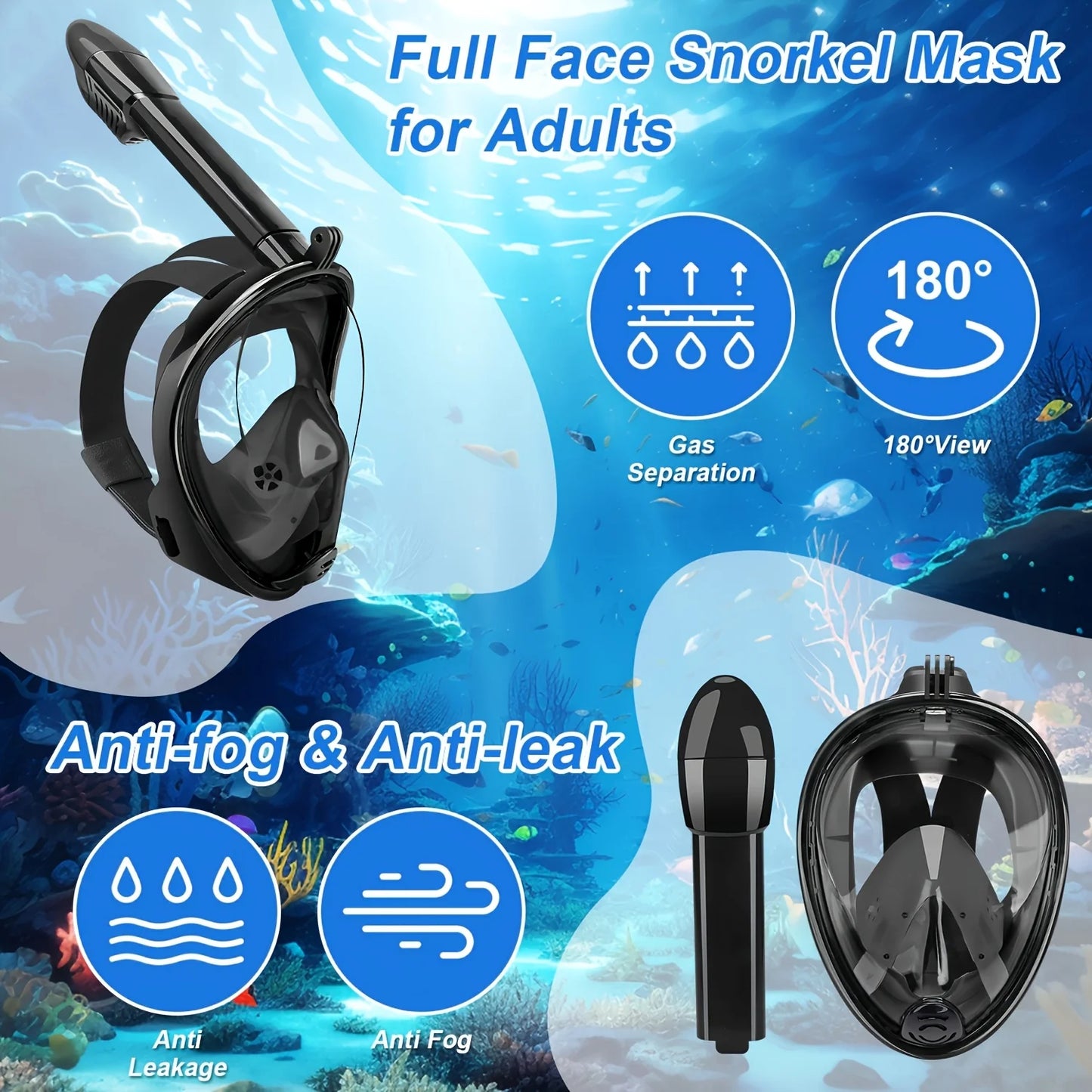 XIAOTREE Full-face snorkeling mask with removable camera mount (camera not included), anti-fog and leak-proof view