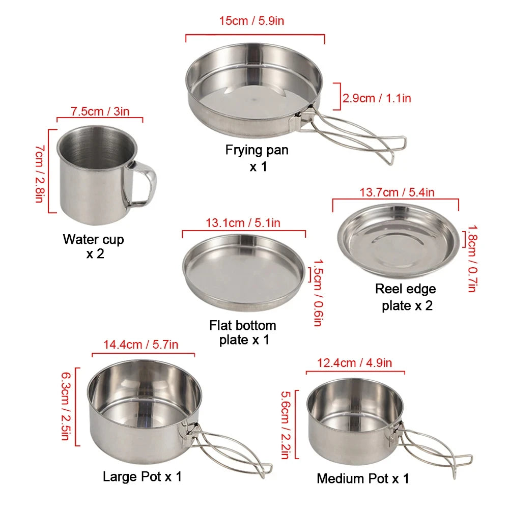 8pcs Stainless Steel Camping Cookware Mess Kit with Cooking Pot Pan Set Plates Cups for Outdoor Hiking Backpacking