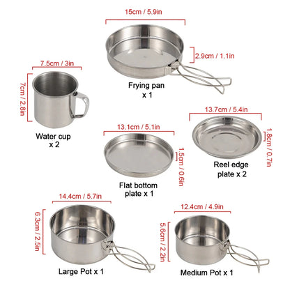 8pcs Stainless Steel Camping Cookware Mess Kit with Cooking Pot Pan Set Plates Cups for Outdoor Hiking Backpacking