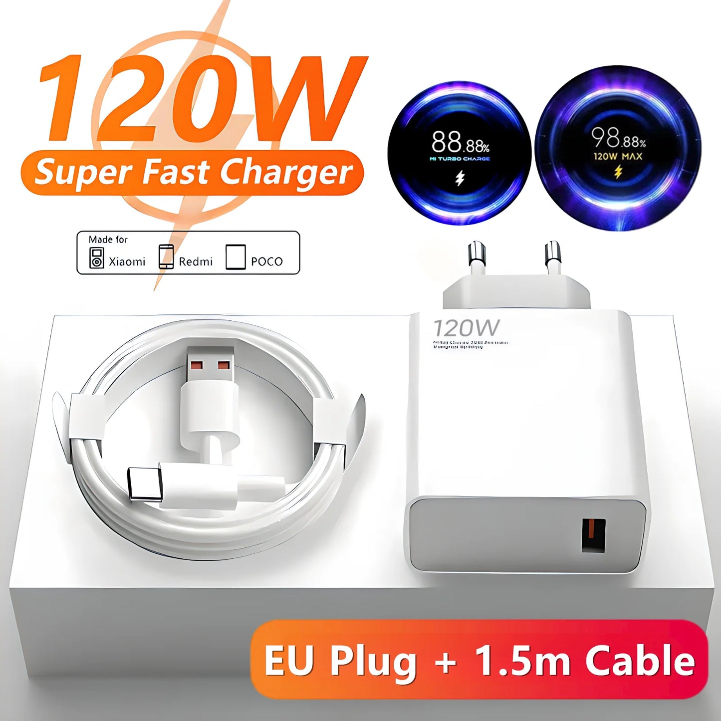 6A 120W EU Fast USB Wall Charger For Xiaomi 11 12 13 14 15 Ultra Redmi Note 11T 12 13 POCO F6 X5 Pro Type C Turbo Charging Cable