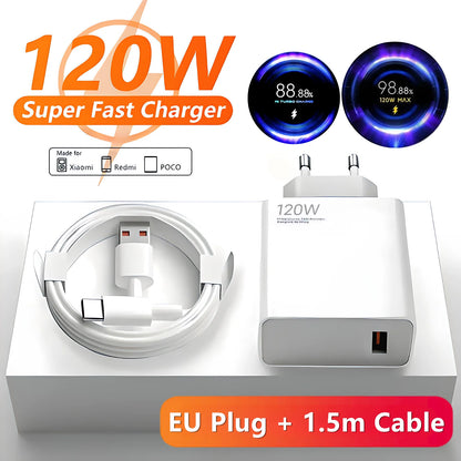 6A 120W EU Fast USB Wall Charger For Xiaomi 11 12 13 14 15 Ultra Redmi Note 11T 12 13 POCO F6 X5 Pro Type C Turbo Charging Cable