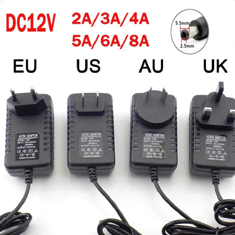 AC 110-240V DC 12V 1A 2A 3A 5A 6A 8A Universal Power Adapter Supply EU/US/UK/AU Charger adaptor for LED Light Strips CCTV
