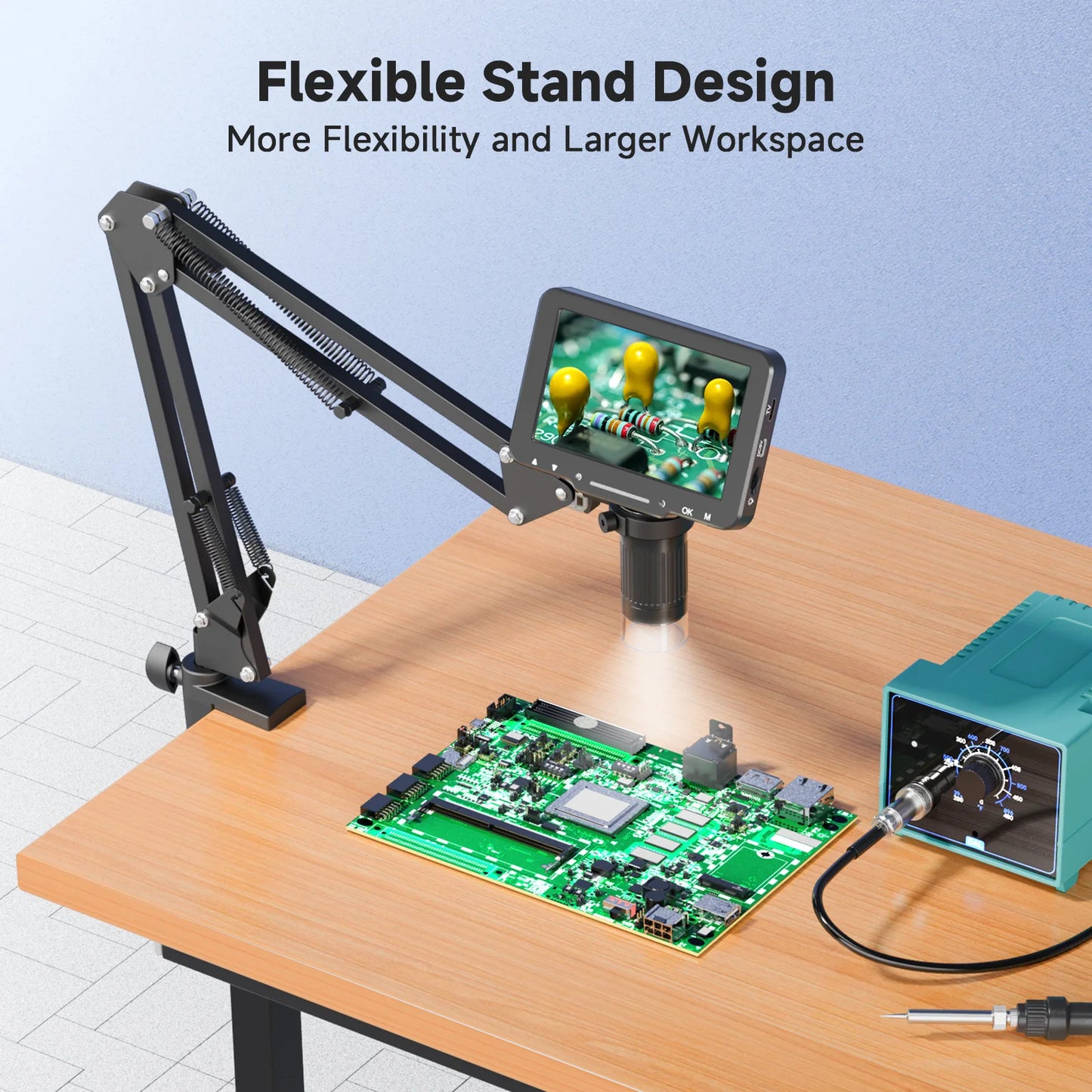 Flex Digital Microscope with 5inch IPS Screen Soldering Microscope with Flexible Arm 1000X Coin Microscope for PCB, Plants, Coin