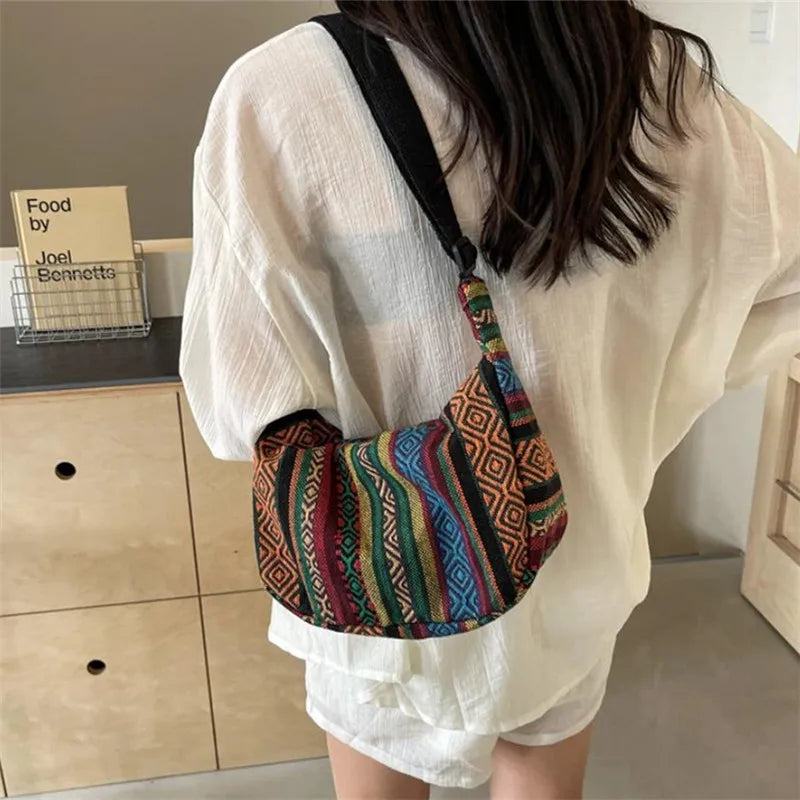 Tribal Style Shoulder Bag, Foldable Crossbody with Zipper Closure, Striped Pattern, Flag Theme Hand Washable Edge Painted Lining