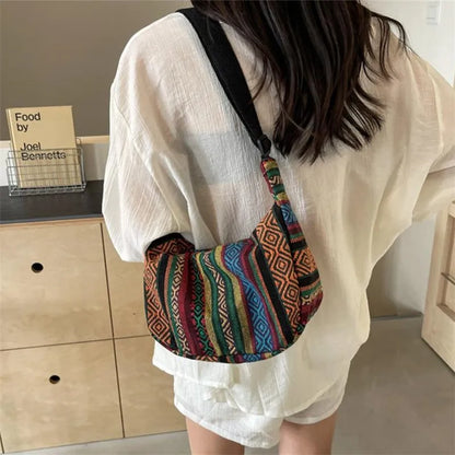 Tribal Style Shoulder Bag, Foldable Crossbody with Zipper Closure, Striped Pattern, Flag Theme Hand Washable Edge Painted Lining