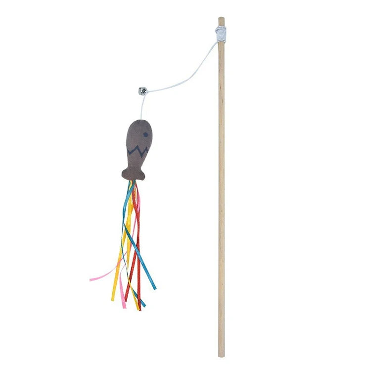 Fashion Cat Wand Toy Natural WoodenTeaser Wand for Cat Interactive Elastic String Cat Stick Pole Toy for Indoor