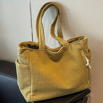 Casual Corduroy Handbag with Zipper Closure Light and Large Capacity Fixed Shoulder Strap Solid Color Daily Commuter Handbag