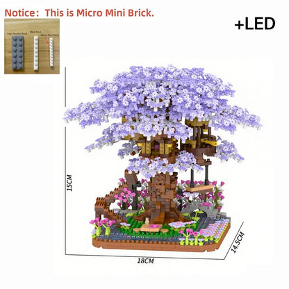Sakura Tree Micro Blocks with LED Lights - Cherry Blossom Treehouse Model, 3D Romantic Night Glow Decor, Thoughtful Gift for Her