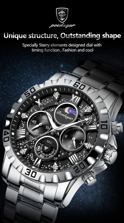 POEDAGAR Luxury Man Watch Waterproof Luminous Stainless Steel Quartz Men's Wristwatch Chronograph Military Watches For Men Reloj