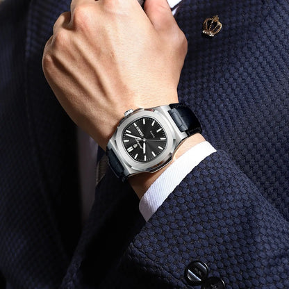 POEDAGAR Square Wristwatch For Men Luminous Waterproof Week Calendar Luxury Man Clock Leather Quartz Fashion Men's Watches Reloj