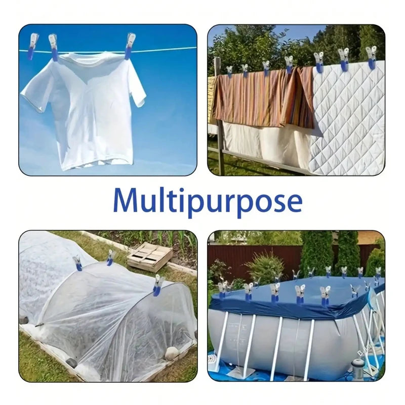 6 Pieces Durable Stainless Steel Pool Cover Clips with Blue Plastic Handles - Heavy Duty Windproof Spring Clips for Secure Above