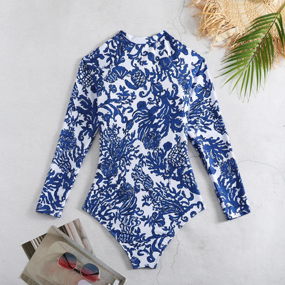 2025 New Swimwear Women Print Floral One Piece Swimsuit Long Sleeve Bathing Suit Swimsuit Vintage Beachwear Surfing Swim Suit