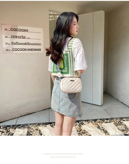High quality women's PU rolling strip camera bag shoulder bag mobile phone bag casual crossbody bag