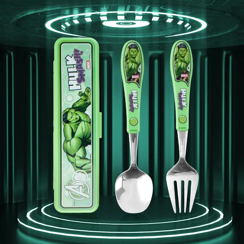 2pcs Superhero Spiderman Cartoon toy Tableware Spoon Cross Fork Soup Spoon Set Dining Lunch Hulk Anime Figures Party kids Toys