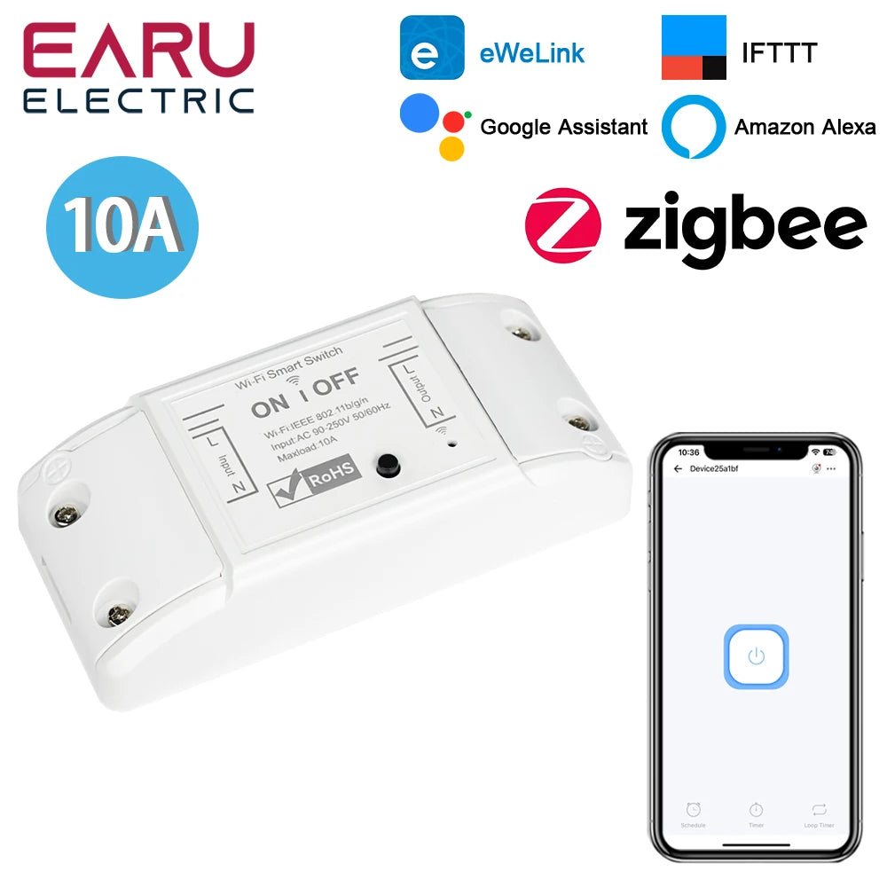 Tuya eWeLink WiFi ZigBee 10A DIY Mini WiFi Smart Light Switch Breaker Module Voice Wireless Remote Control for Alexa Google Home