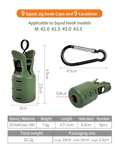 9PCS Squid Jig Protector Webfoot Octopus Egi Hook Cover Cuttlefish Umbrella Lure Cap Wood Shrimp Bait Accessories with Carabiner