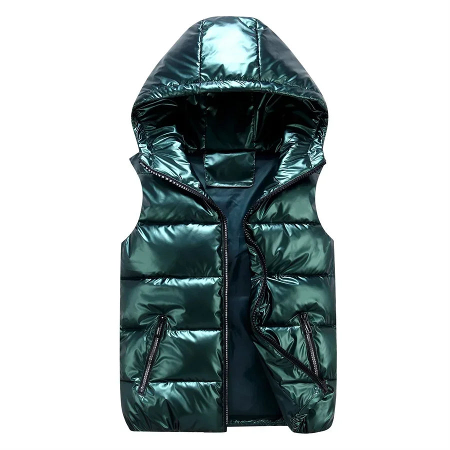 Men’s Glossy Hooded Winter Padded Vest - Waterproof Thicken Sleeveless Jacket, Casual Warm Outwear Waistcoat (Up to 4XL)