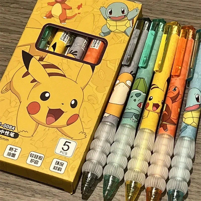 5pcs Pokemon Pen Set Pikachu Squirtle Charmander, Press Gel Pen Cute Anime School Office Supplies Stationery Gift for Kids