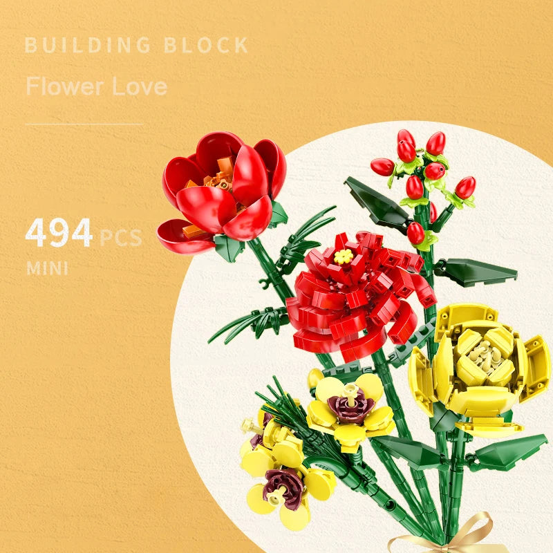 KNEW BUILT Flower Bouquet 3D Model Toy Mini Build Blocks for Girl Plant Potted Assemble Brick Decoration Holiday Girlfriend Gift