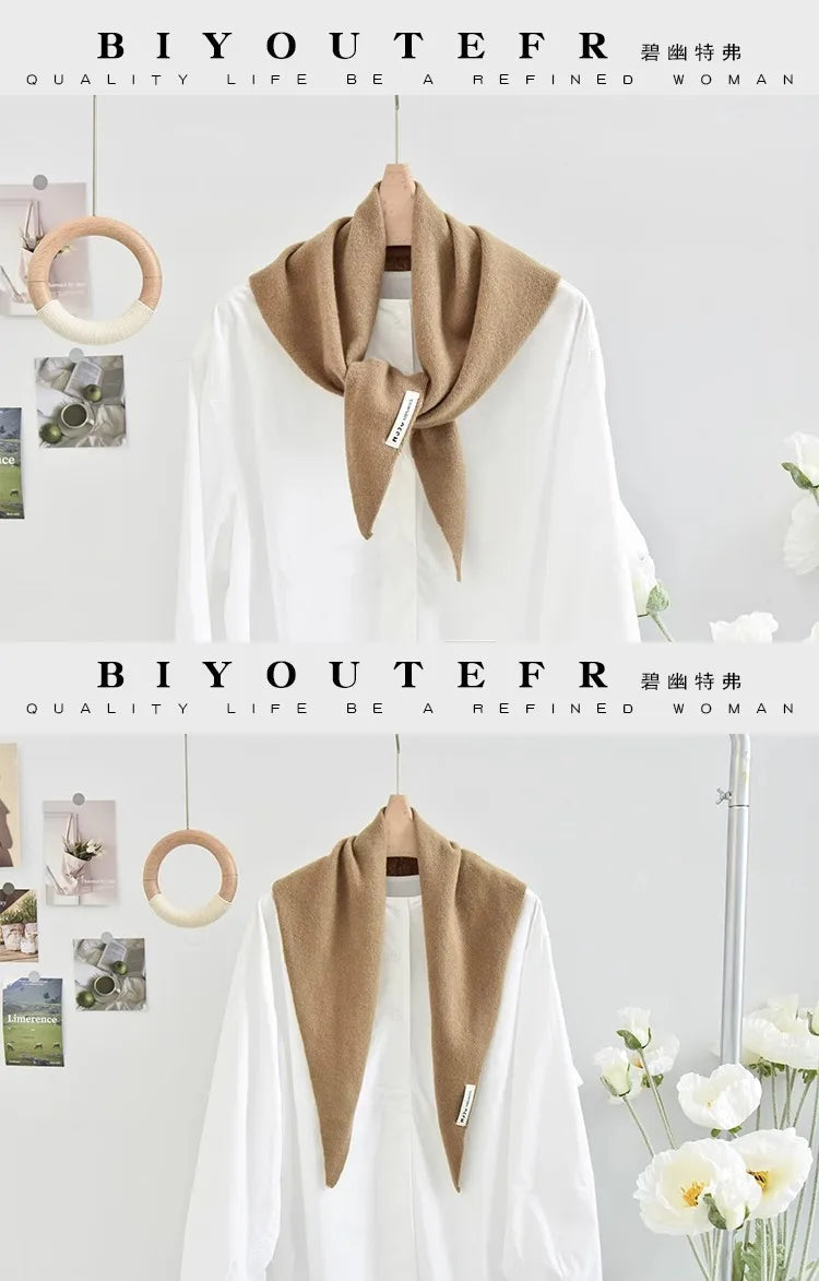 100% Australian Wool Knitted Triangle Scarf Shawl Women's Autumn  Winter Warm Neck Protection Scarf Decorative  Small Scarf