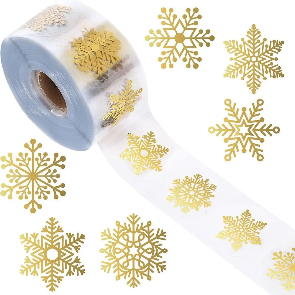 500pcs/Roll Golden Snowflake Christmas Stickers Transparent Self-Adhesive Decoration Holiday DIY Crafts Scrapbooking Supplies