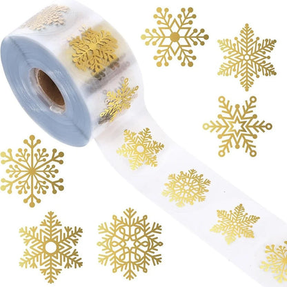 500pcs/Roll Golden Snowflake Christmas Stickers Transparent Self-Adhesive Decoration Holiday DIY Crafts Scrapbooking Supplies