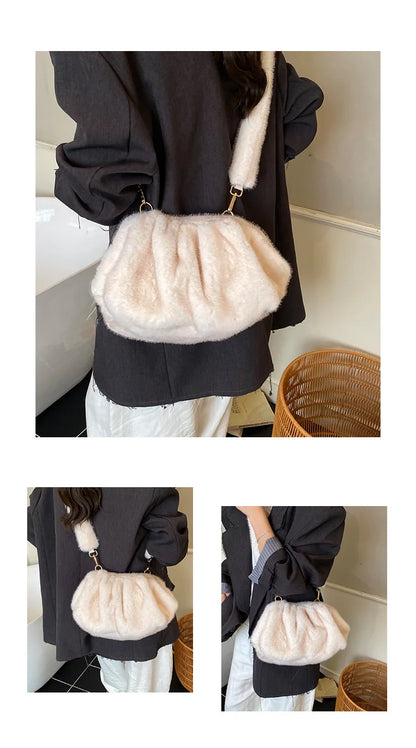 Cute and Versatile Winter Crossbody Bags Mink Fur Wrinkle Relaxed Texture Cloud Shell Bag Women Fashion Tote Shoulder Bag