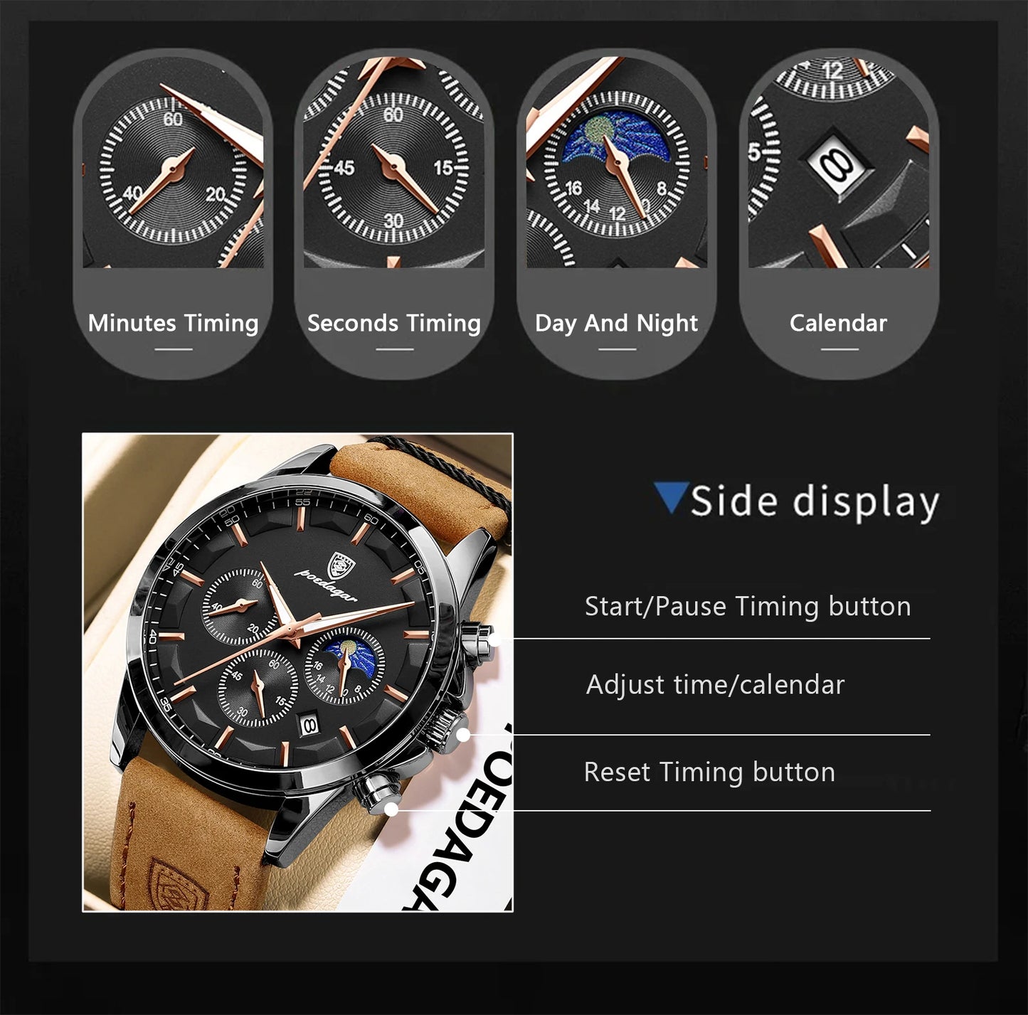 POEDAGAR Original Military Men Clock Waterproof Luminous Leather Quartz Man Watch Chronograph Date Luxury Business Men's Watches