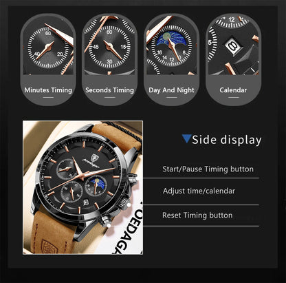 POEDAGAR Original Military Men Clock Waterproof Luminous Leather Quartz Man Watch Chronograph Date Luxury Business Men's Watches