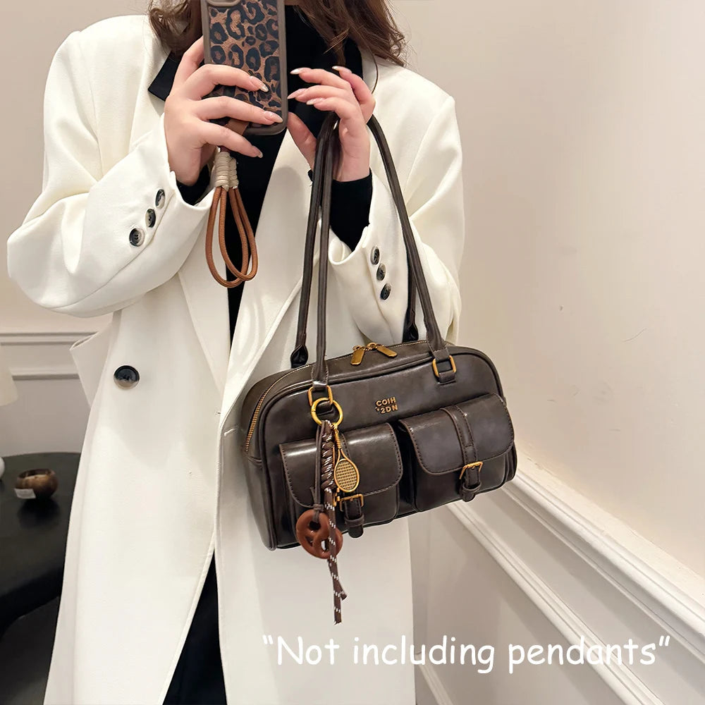 Women's Retro Solid Color Pu Leather Shoulder Bag with Multiple Pockets, Large Capacity, Exquisite and Fashionable Handbag