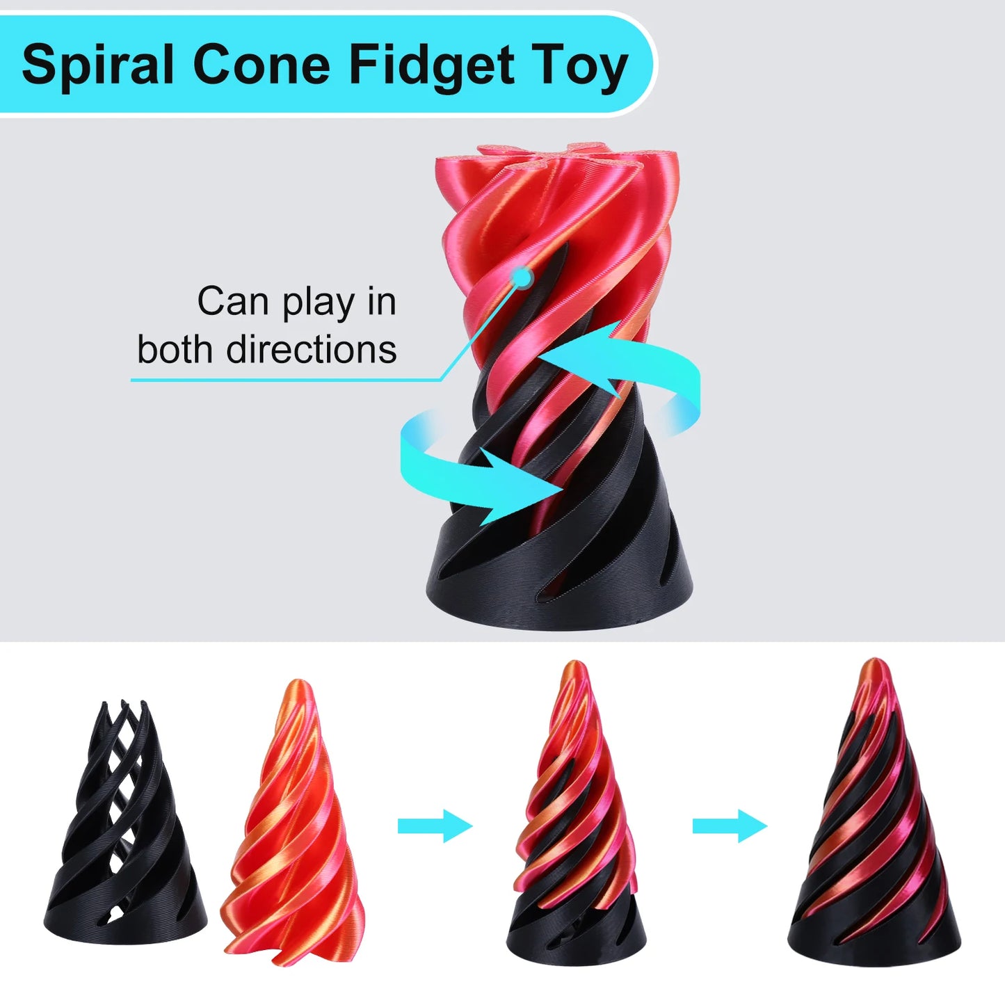 3 Pack Spiral Cone Fidget Toys 3D Printed Impossible Passthrough Pyramid Pillar Helix Screw Toys for Anxiety Relaxing