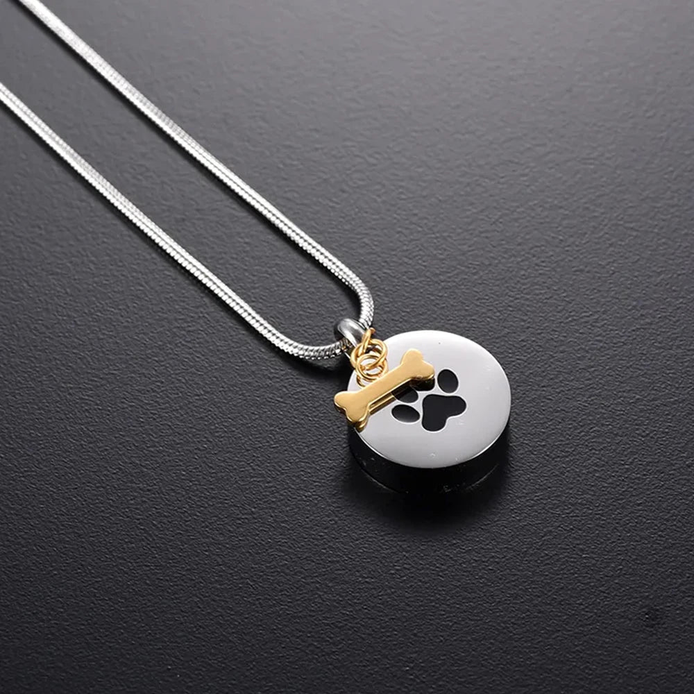 Pet Ashes Necklace Cremation Jewelry for Ashes Paw Print Round  Pendant Memorial Necklace with Dog Bone Keepsake Jewelry for Dog