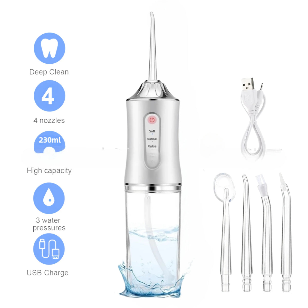 Oral Irrigator Portable USB Rechargeable Dental Water Flosser Water Jet Floss Tooth Pick 4 Jet Tip 220ml 3 Modes IPX7 Waterproof