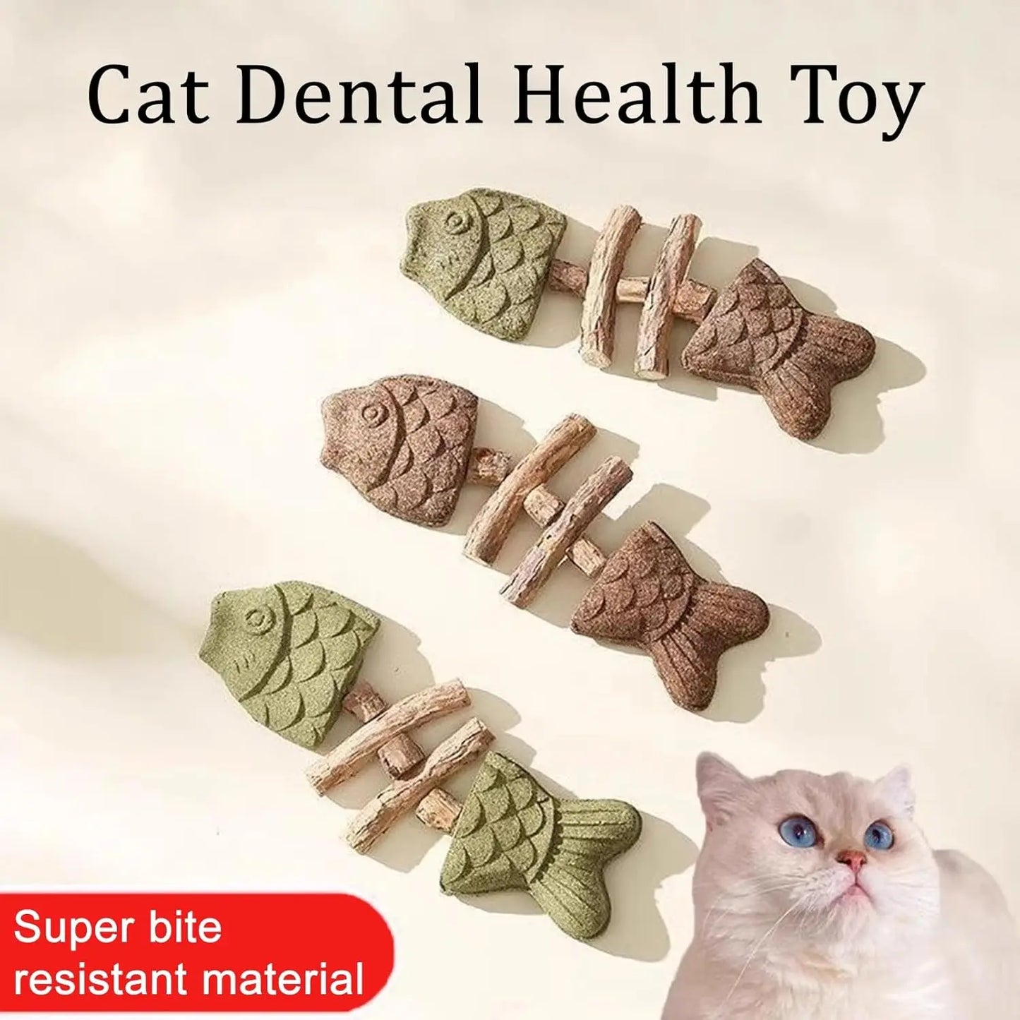 Dental Health Chew Toy for Cats - Bite-Resistant Fishbone Toy with Catnip & Silvervine for Teeth Cleaning, Interactive