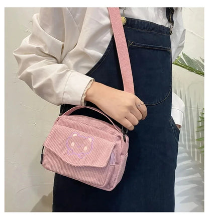 Personalized Teddy Bear Embroidered Diagonal Shoulder Bag, Corduroy Leisure Bag, WOMEN'S Crossbody Bag