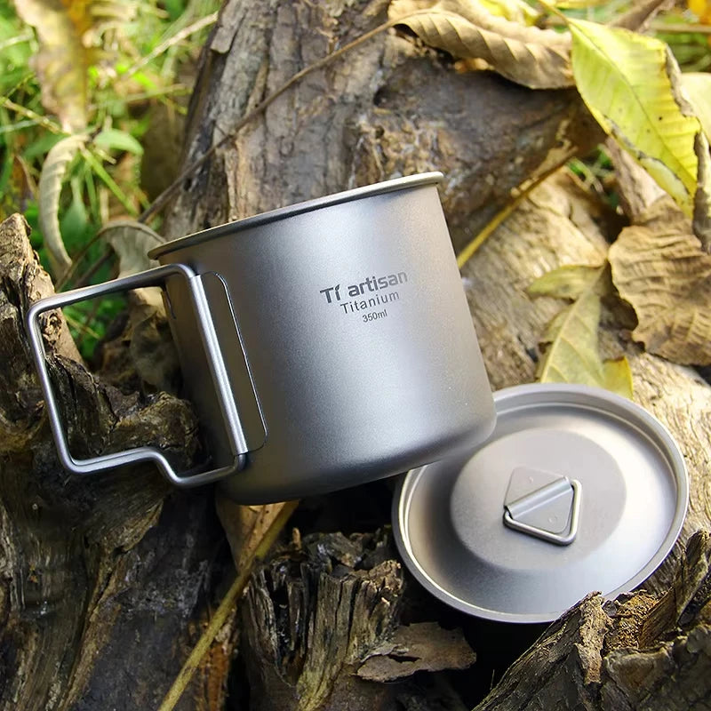 Tiartisan 350ml 750ml Tatinium Cup Hiking Tableware Fodable Handle Coffee Cups with lids Lightweight Frosted Cup Mugs