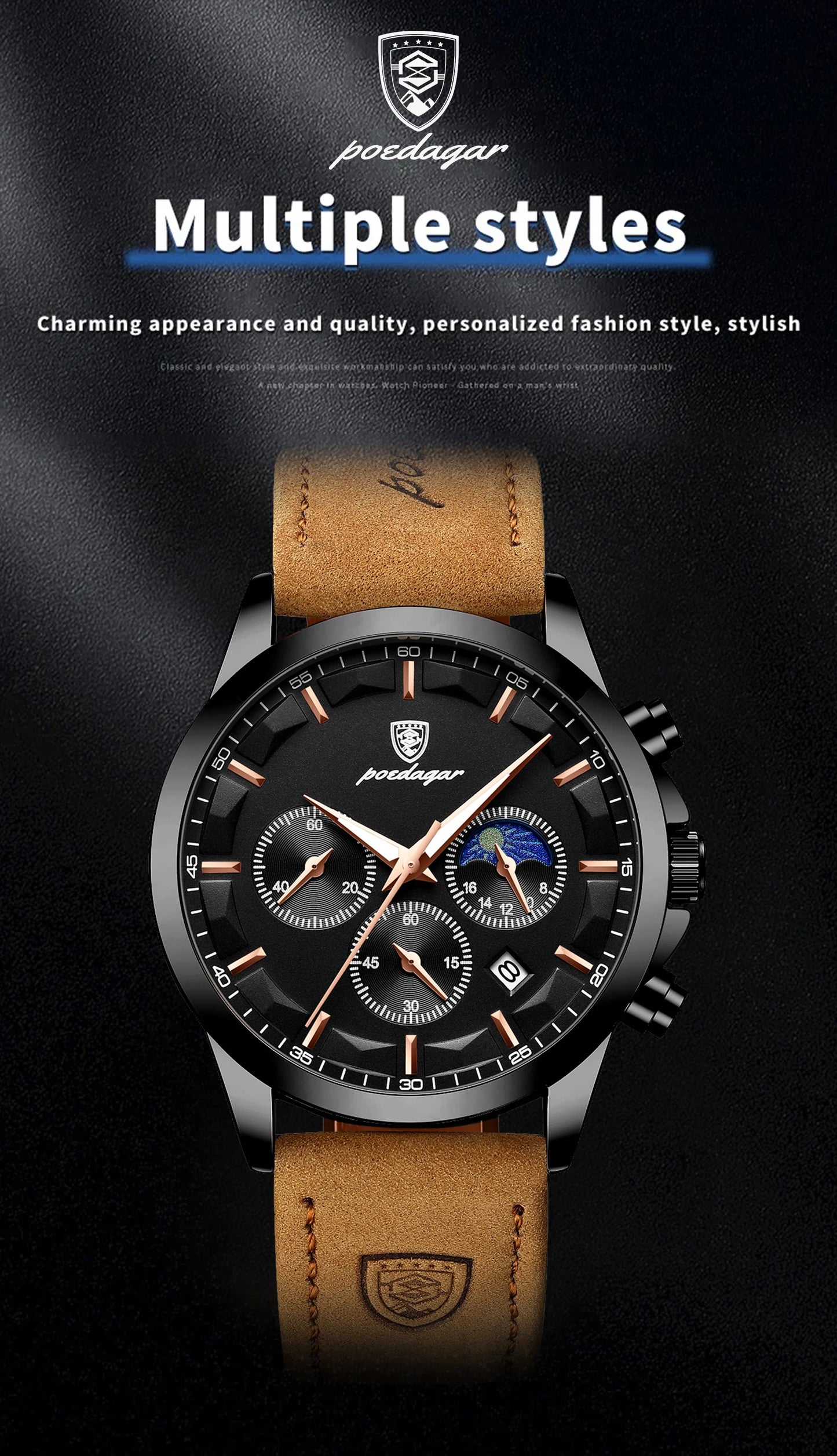 POEDAGAR Original Military Men Clock Waterproof Luminous Leather Quartz Man Watch Chronograph Date Luxury Business Men's Watches