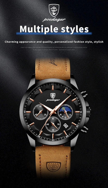 POEDAGAR Original Military Men Clock Waterproof Luminous Leather Quartz Man Watch Chronograph Date Luxury Business Men's Watches