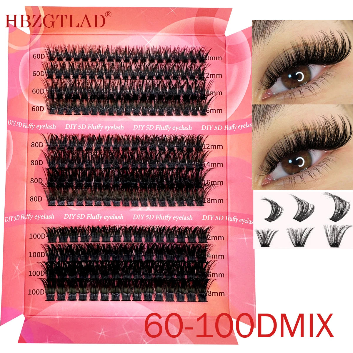 DIY 5D Fluffy Lash Clusters 60/80/100 Mixed Tray Thick Eyelash Clusters Wispy Individual Lashes Cluster Eyelash Extensions 12Row