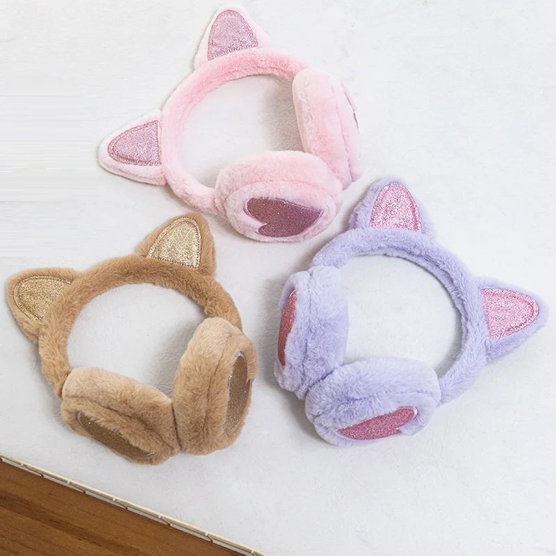 Plush Winter Warm Ear Earmuffs Glitter Cat Ear Warmers Heart Fur Hang Ear Cover for Women Girl Earflap Cold Protection Ear Muffs