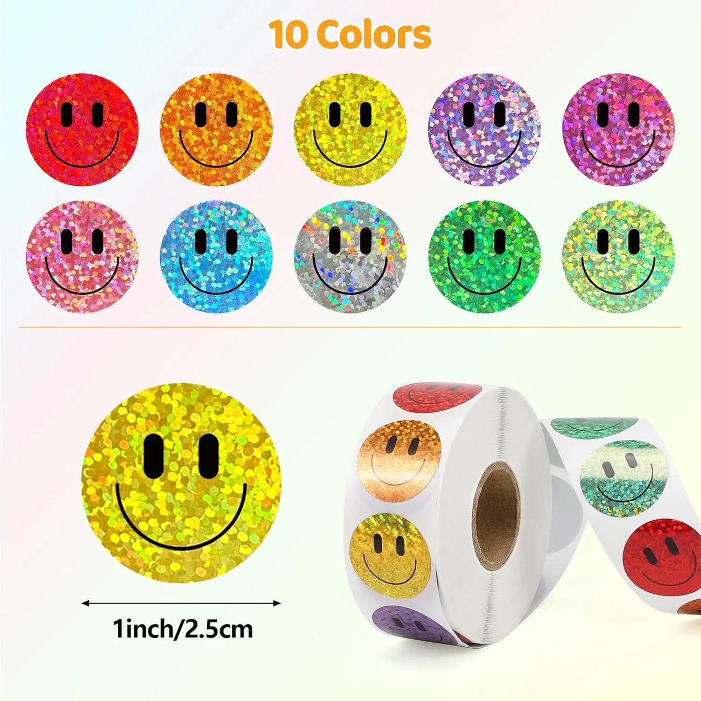 500 Pcs Smile Face Stickers Roll Laser Colorful Happy Face Sticker for Classroom Back to School Birthday Teacher Reward,1inch