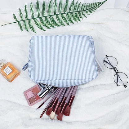 Seersucker Ruffle Cosmetic Bags Pink/Purple Striped Storage Make Up Bags for Women Lady with Zipper Travel Bag Makeup Bag