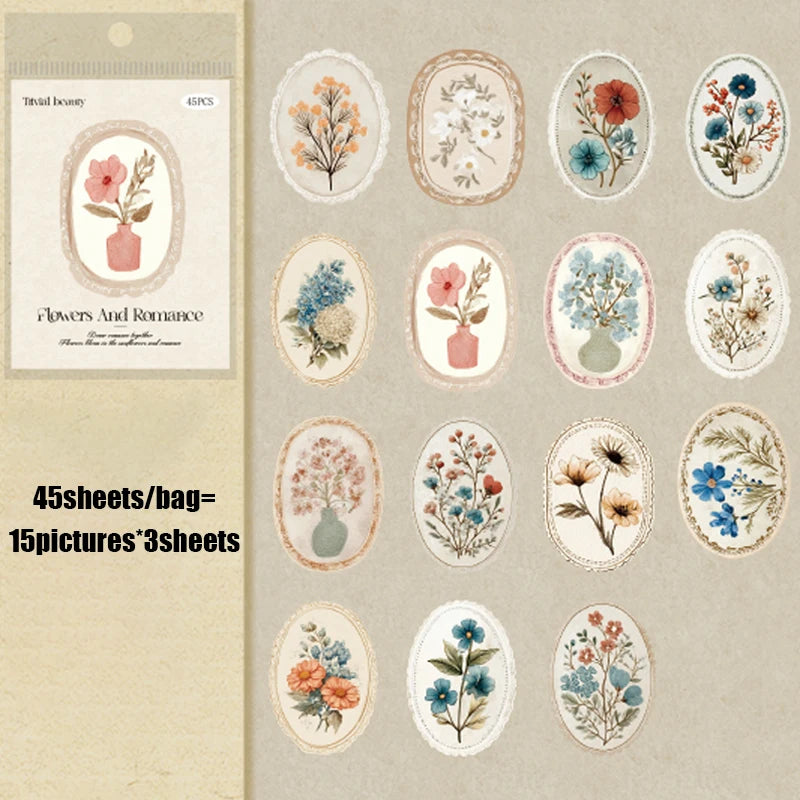 Mr. Paper 45pcs Serene Florals Sticker Pack - Boxed Flower Theme Collection, DIY Journal Collage Decor Set, Literary Stationery