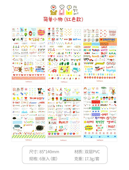 6Pcs/Lot Waterproof Cartoon Transparent Pvc Stickers DIY Hand Account Diary Decorative Stickers Kawaii Phone Cup Stickers