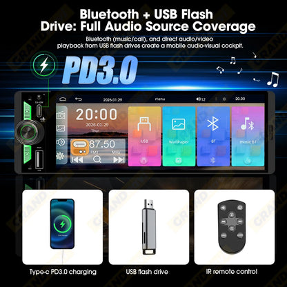 6.5 Inch 1Din IPS Screen Wireless Carplay Android Auto Airplay Car Radio MP5 Player Stereo Bluetooth FM Type-C PD3.0 Fast Charge