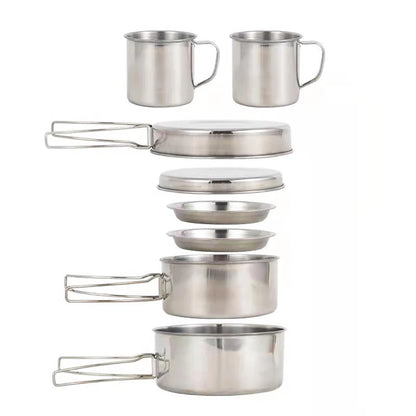 8pcs Stainless Steel Camping Cookware Mess Kit with Cooking Pot Pan Set Plates Cups for Outdoor Hiking Backpacking