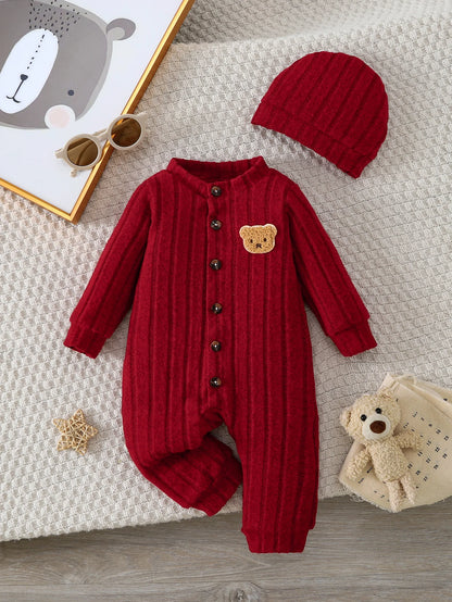 【Baby Boy】Autumn & Winter Red Onesie with Front Single-Breasted Buttons and Cute Bear Badge on Chest + Red Hat Set Featuring a W