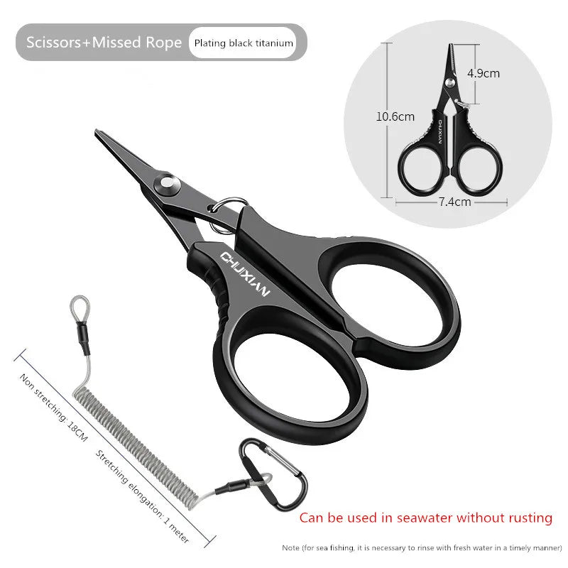 Titanium coated stainless steel fishing scissors pliers for cutting PE braided wire, carp outdoor fishing tool accessories
